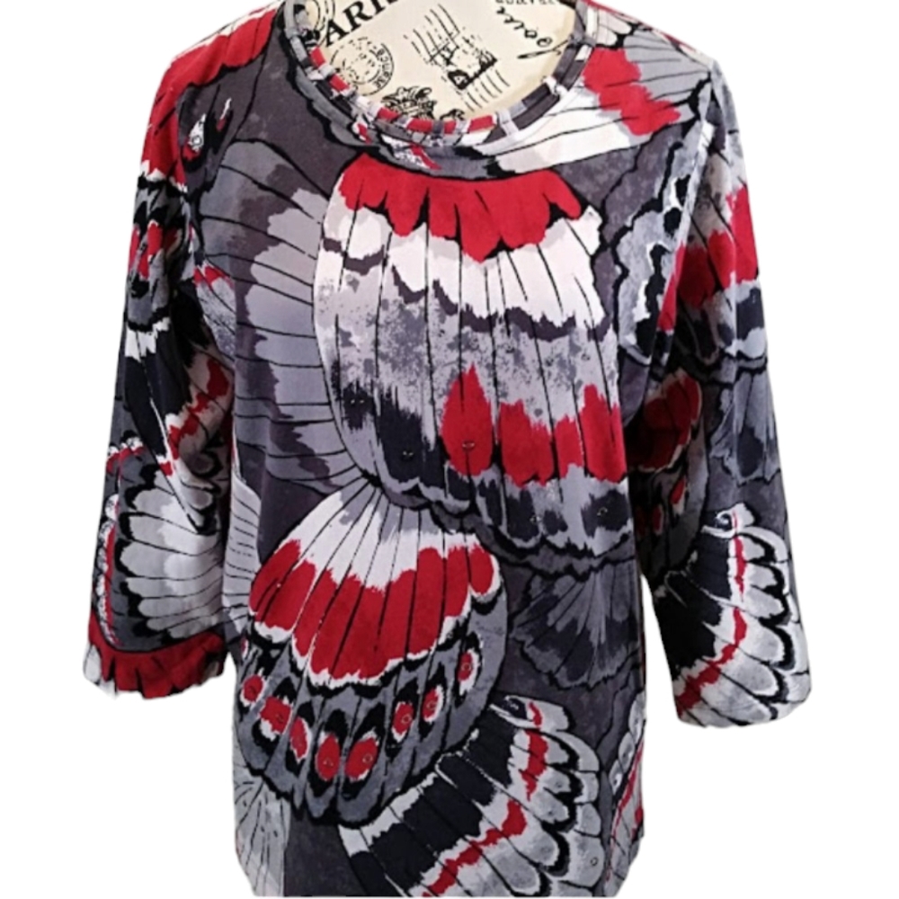 Alfred Dunner ‎ Knit Cotton Blend Red Black Print with Sequins Women's Size S